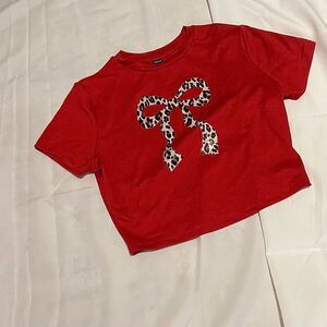 SHEIN Red Tee with Leopard Bow